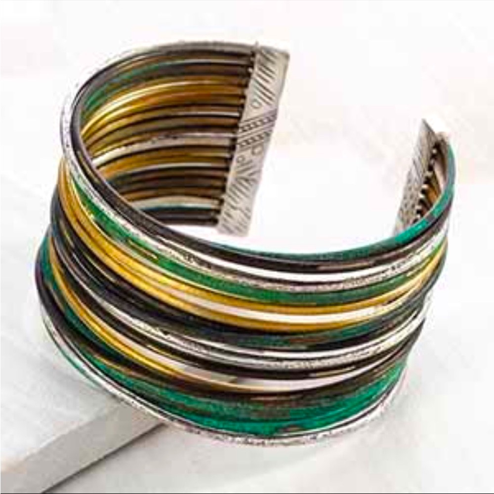 Silpada Vintage Sterling Silver Turquoise & G Cuff Bracelet with Textured Bands - Picture 9 of 10